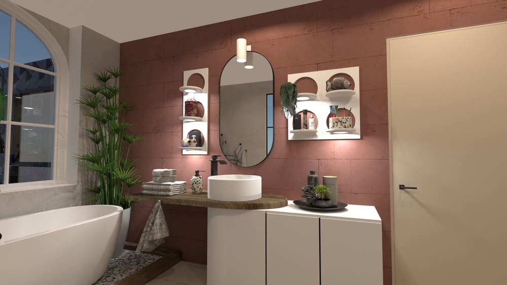 render 3d de cuarto de baño. Simulador de baños online moderno