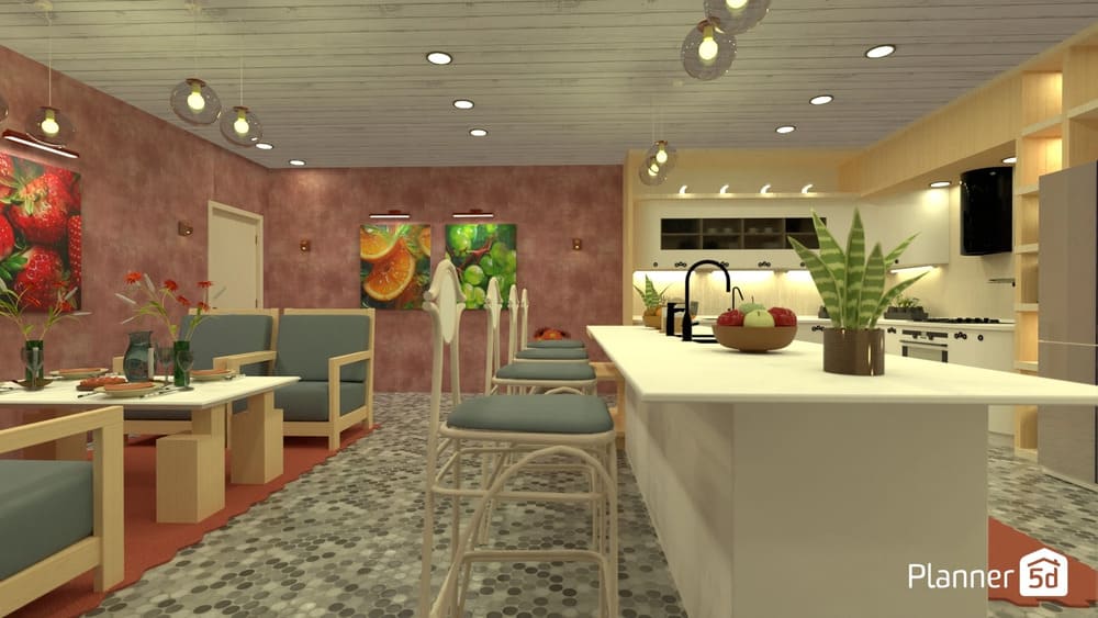 render 3D de cozinha com parede colorida com acabamento esponjado