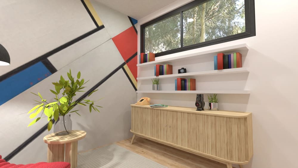 escritório com parede com pintura geométrica