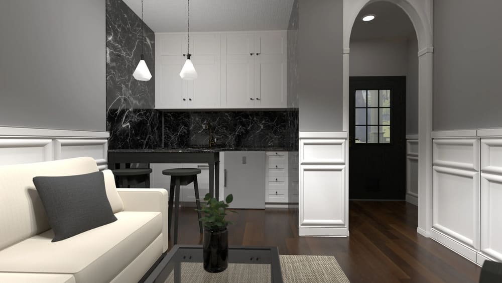 render de cozinha americana 3D criado no Planner 5D, orçamento de obras