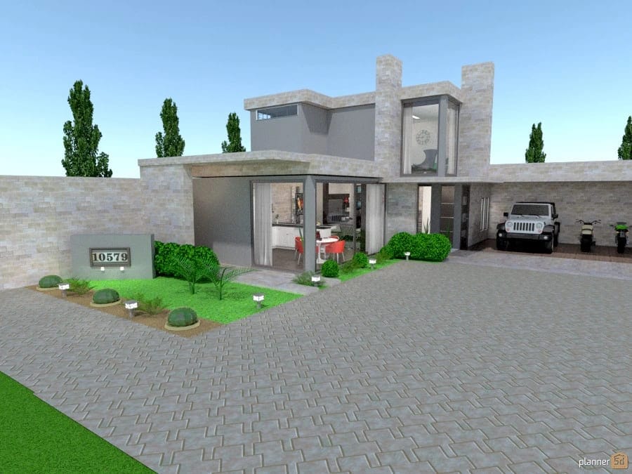 render 3D de casa moderna com jardim