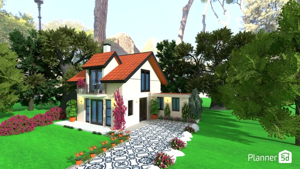 Casa dois andares com jardim florido