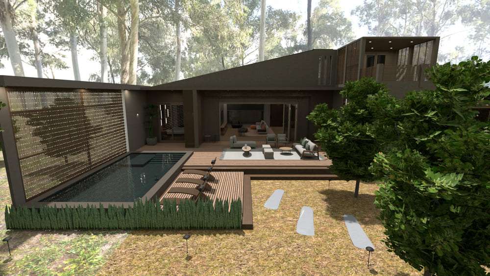 Varanda em L de casa com área externa e jardim