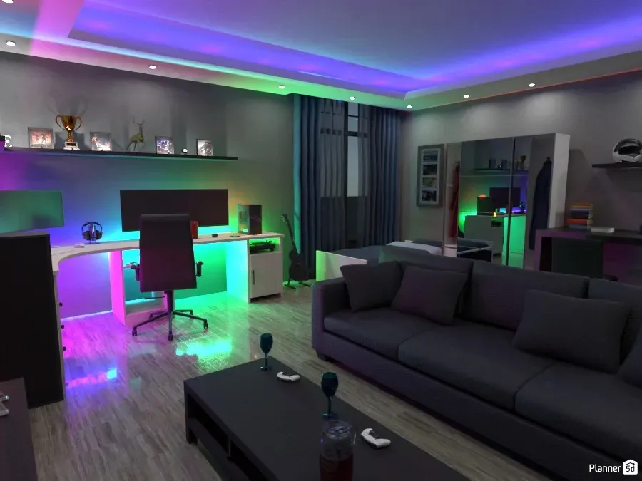 render 3d de habitación gamer. Simulador de dormitorios online gratis. Planner 5D