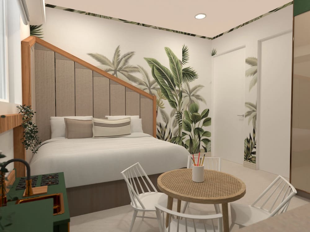 render 3d de habitación minimalista. Simulador de dormitorios online gratis. Planner 5D