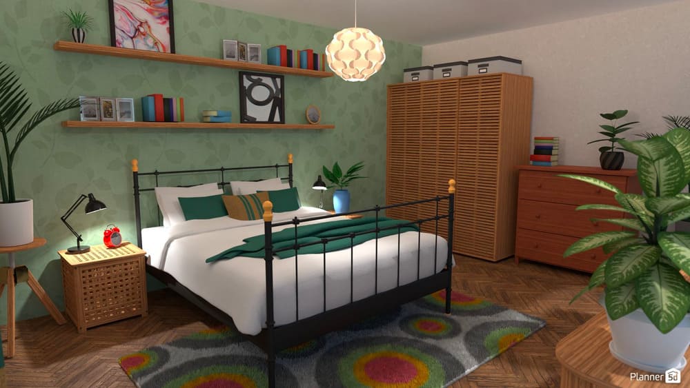 render 3d de habitación verde. Simulador de dormitorios online gratis. Planner 5D