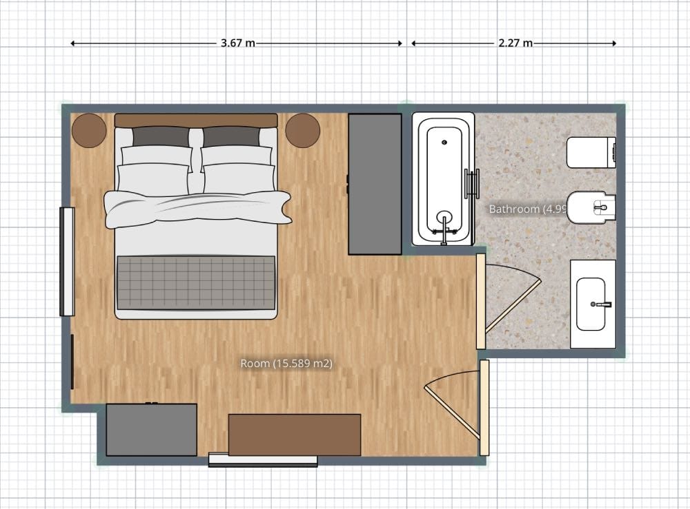 plano de dormitorio con baño, planner 5d