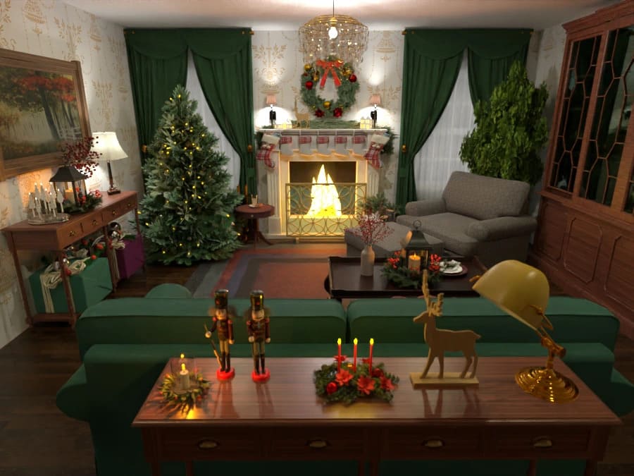 projeto 3D de sala de estar com árvore de Natal decorada criado no Planner 5D