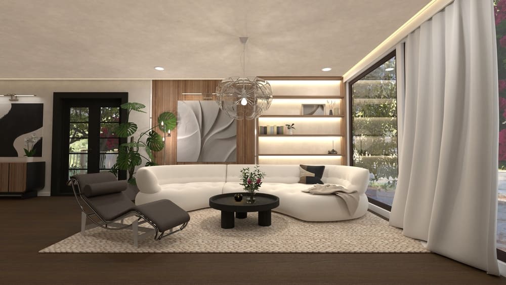 render de sala de estar moderna, diseño de interiores