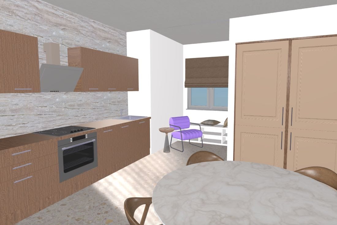 Tendencias de diseño de interiores 2026. Render cocina tonos neutros lila