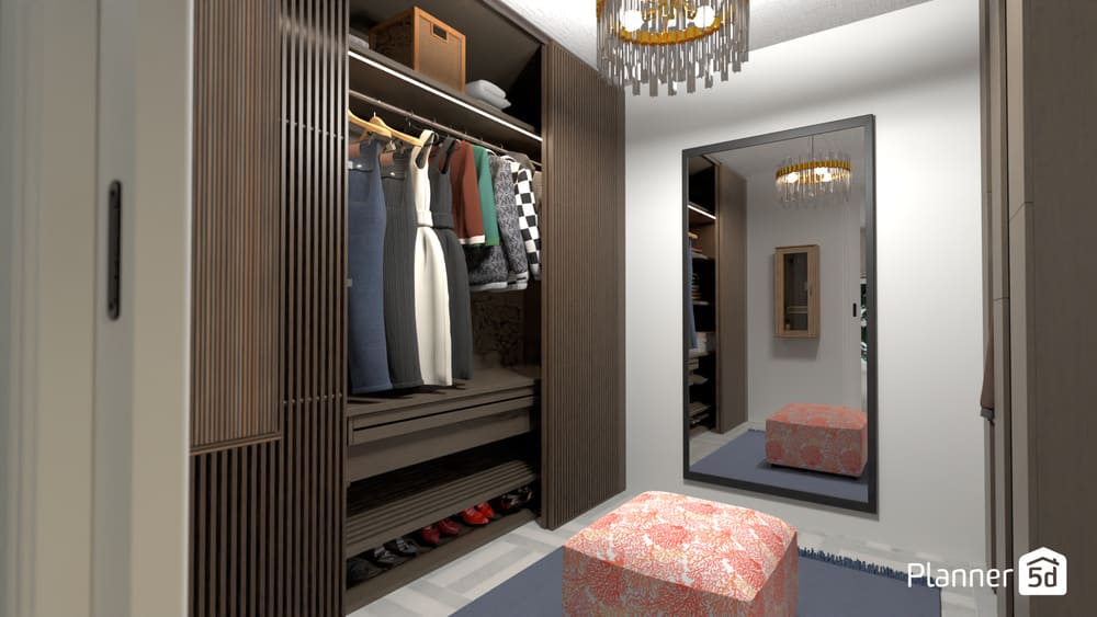 render 3d de vestidor a medida con espejo y madera