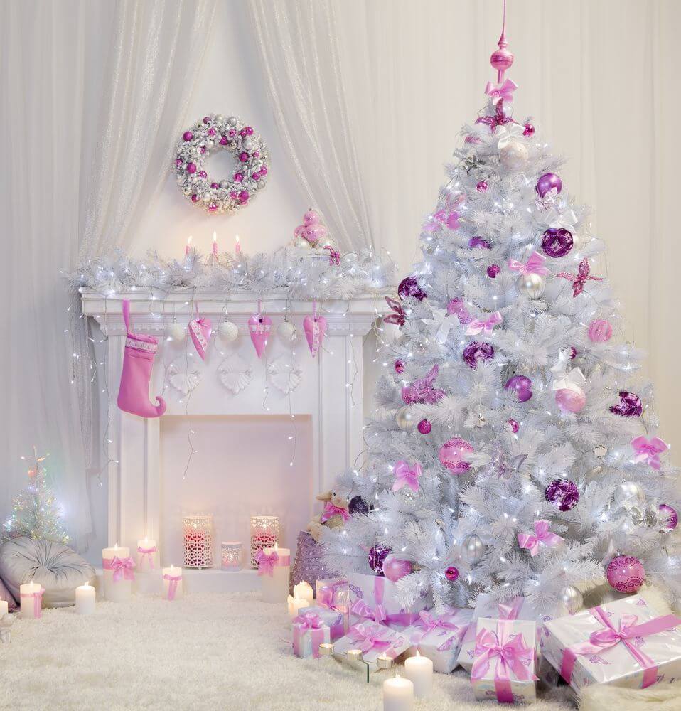white christmas tree with pink and purple decorations