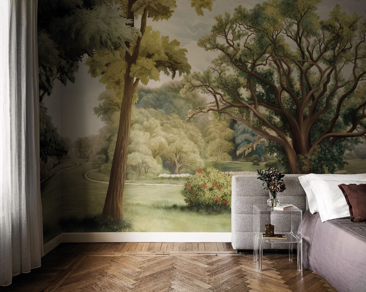 dormitorio con papel de pared estampado natural