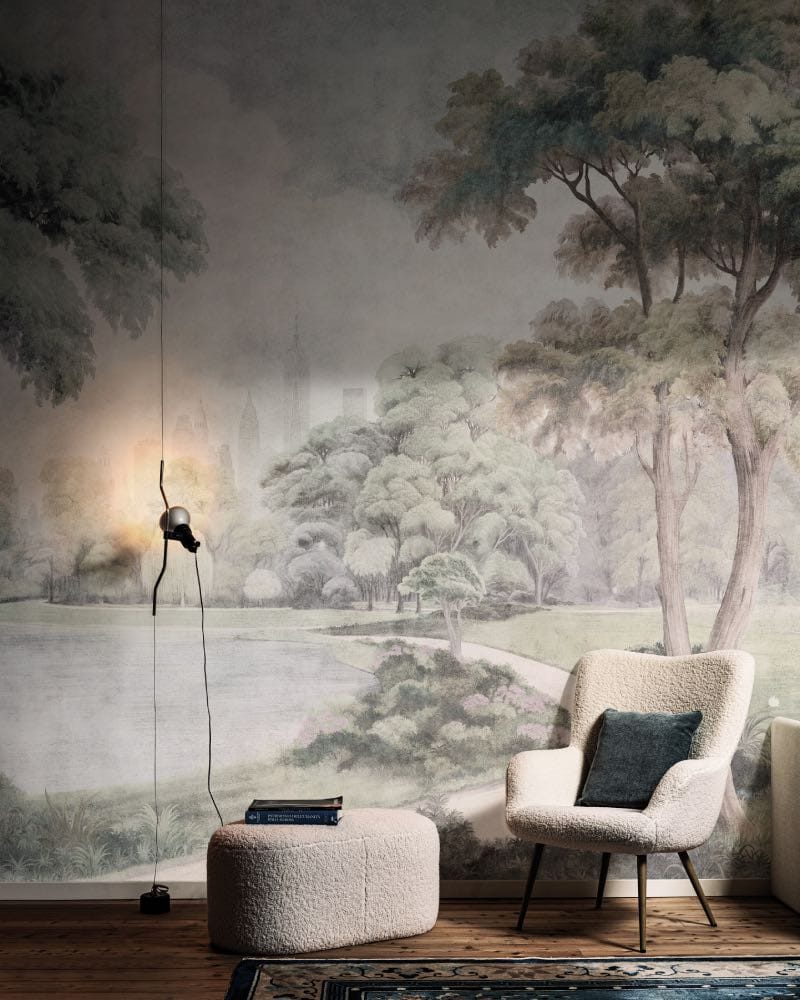 sala de estar con papel tapiz estampado natural, decoración de paredes