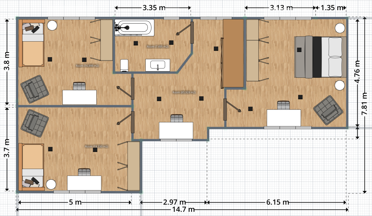 PLANO DE CASA MODERNA EN L, dormitorios, segunda planta