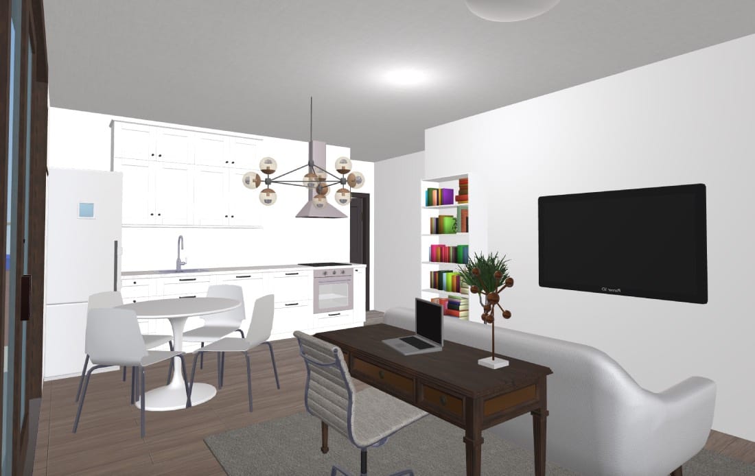 render de sala de estar. casa de cuatro dormitorios moderna