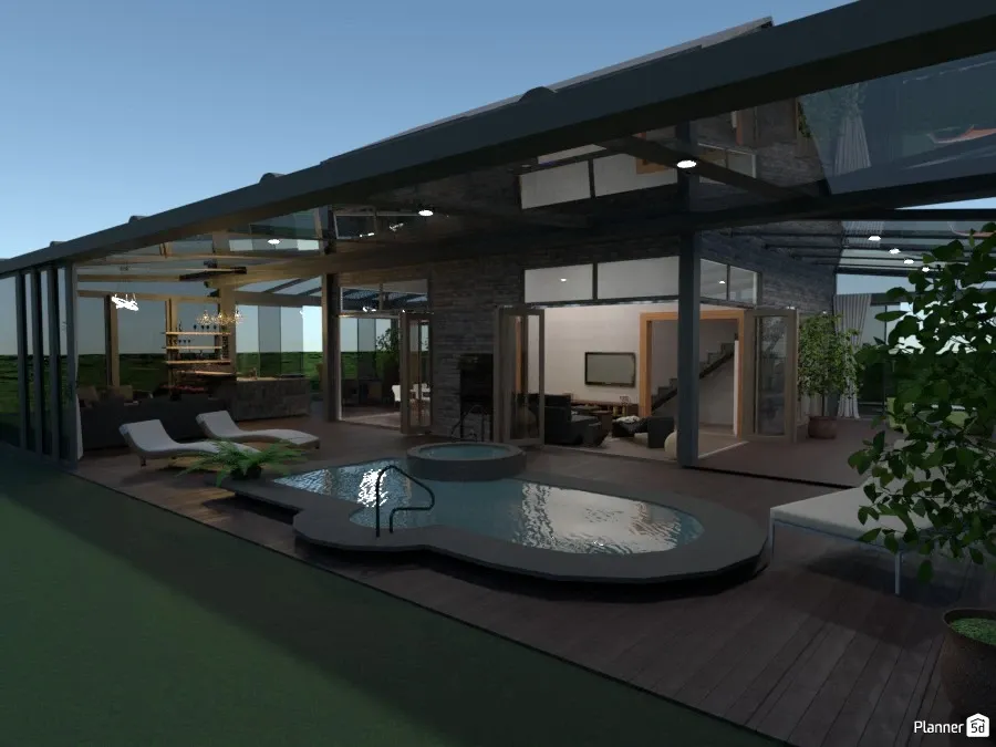 render 3D de área externa com piscina, como limpar piscina