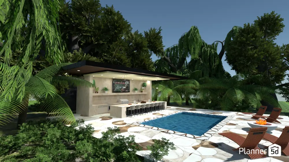 render 3D de jardim com bar e piscina criado no Planner 5D