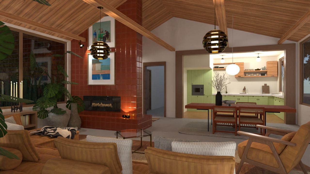 estilos de diseño de interiores y decoración. render salón-cocina moderno