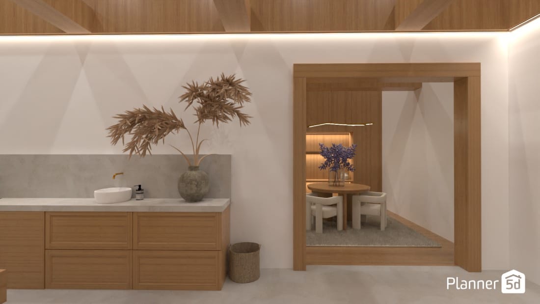 cocina moderna con muebles, techo y paneles de madera. render 3d