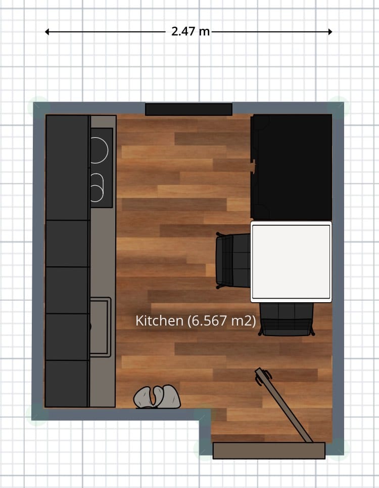 plano de cocina pequeña con medidas de 6m2