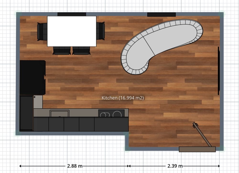 plano de cocina en L abierta al salón comedor