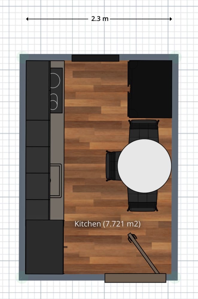 plano de cocina pequeña con medidas, 7m2