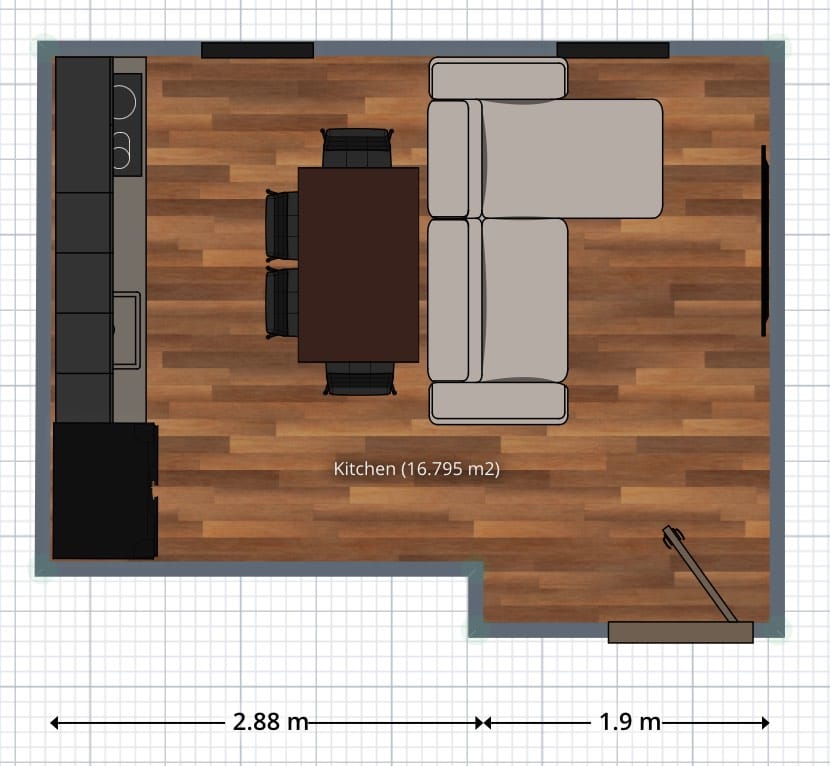 plano de cocina con medidas, abierta al salón comedor