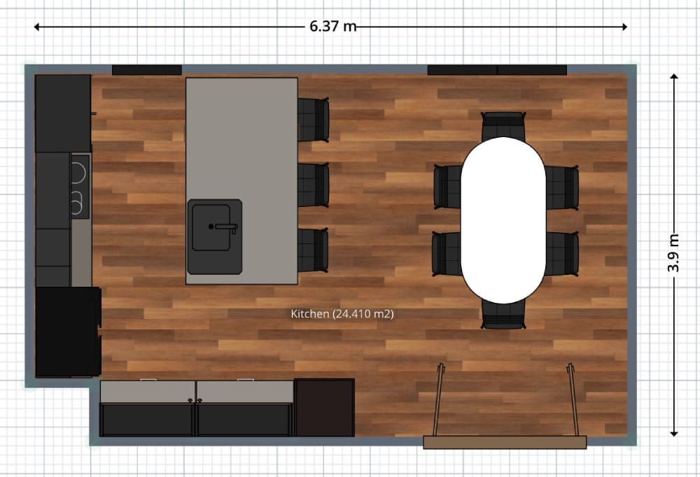 plano de cocina con península y comedor con medidas