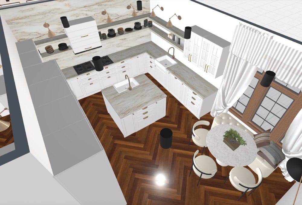 plano de cocina 3d blanca con isla y comedor