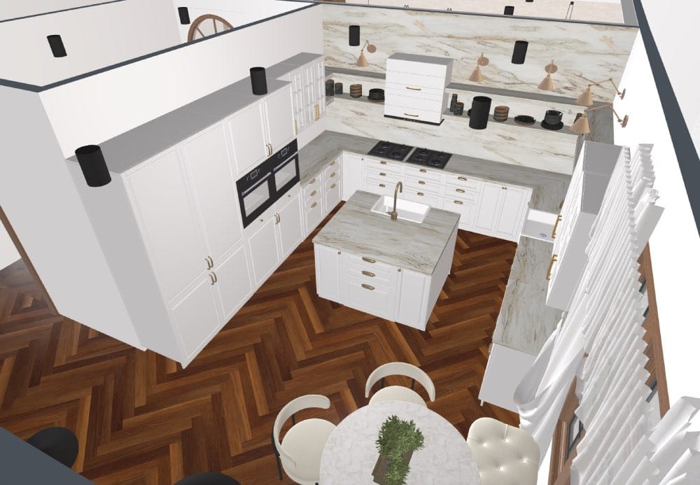 plano de cocina 3D con isla de mármol blanco