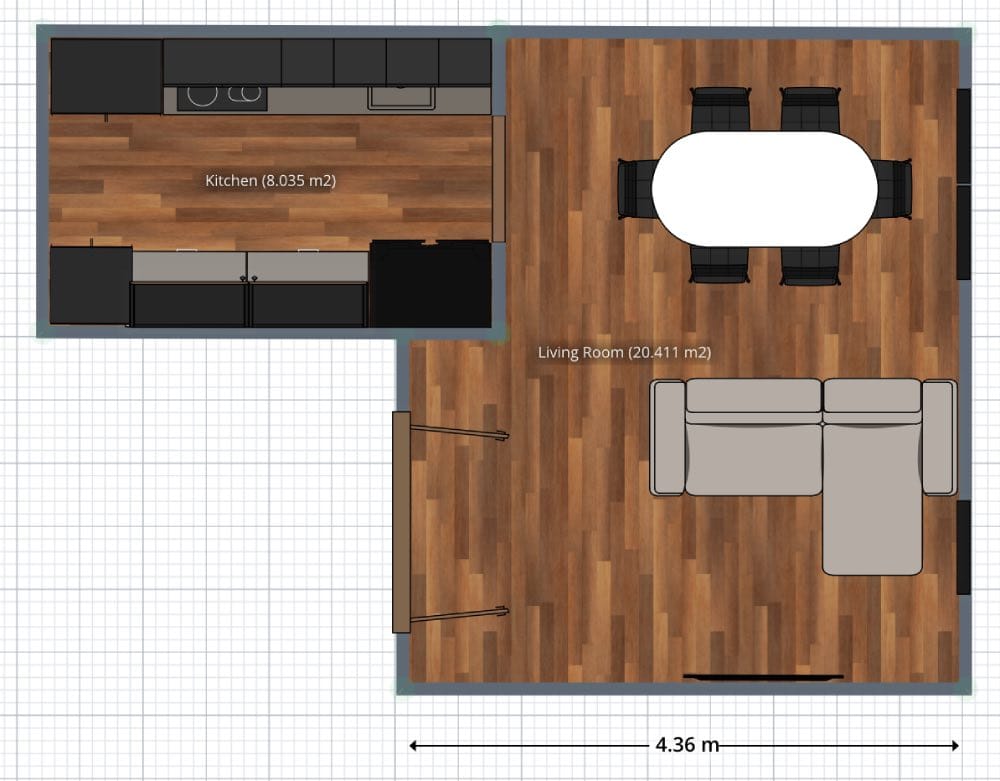 plano de cocina en paralelo con medidas, con comedor y salón