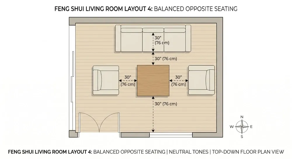 Top-down floor plan of a square living room with a sofa on one wall, a loveseat directly opposite and a square coffee table centered between both seating sides.