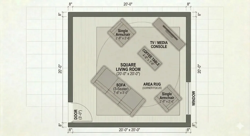 Top-down floor plan of a living room with a TV unit set at 45 degrees in one corner and a sofa and two chairs arranged in an arc facing it