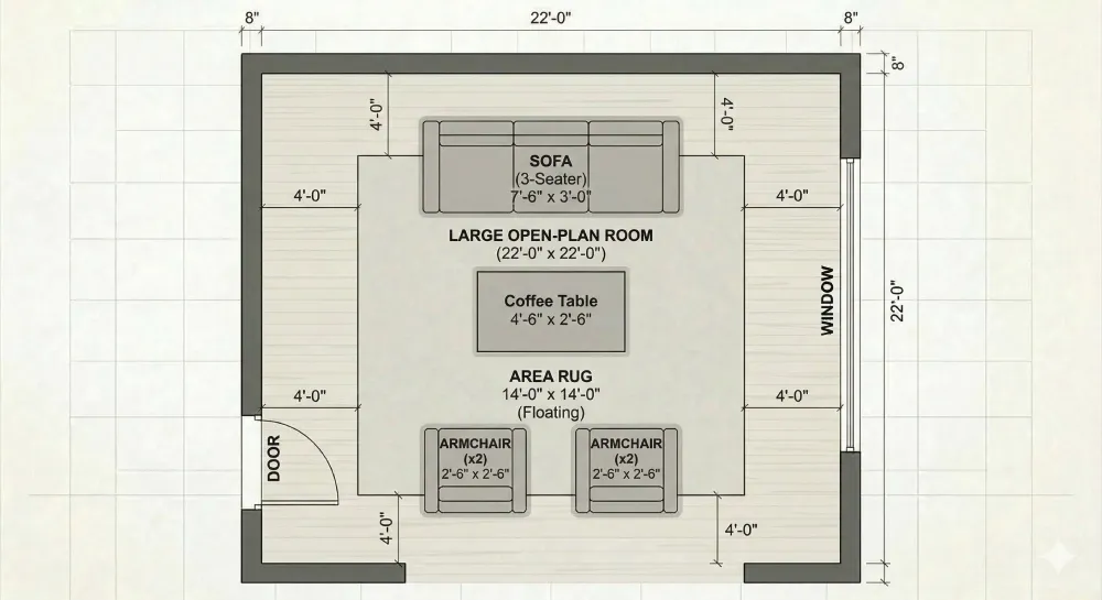 Top-down floor plan of an open-plan room with a sofa and chairs grouped around a central rug, all pieces pulled away from the walls with a clear path around the outside