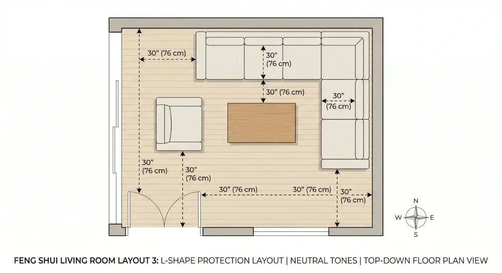 Top-down floor plan of a large living room with an L-shaped sofa positioned in the corner, one arm facing the entrance and a single chair opposite the open end.