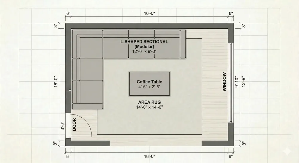 Top-down floor plan of a living room with an L-shaped sectional sofa set into a corner, open end facing the room, coffee table in front, large rug underneath