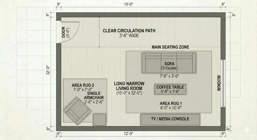 Top-down floor plan of a narrow living room split into two zones, a sofa and TV grouping in one half and a reading chair in the other, each zone defined by its own rug