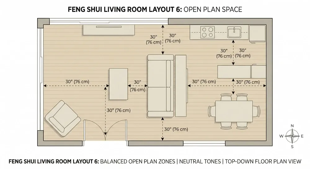 Top-down floor plan of an open-plan living space with a sofa acting as a divider between the living zone and kitchen area, backed by a low console table with seating facing the entrance.