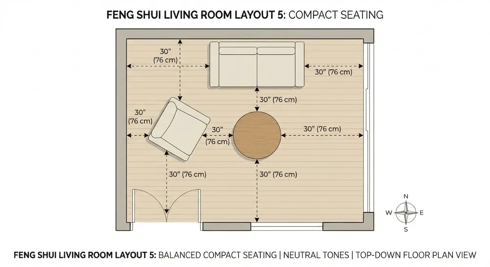 Top-down floor plan of a small living room with a two-seat sofa against the wall, one chair angled at 45 degrees and a small round coffee table in the center.