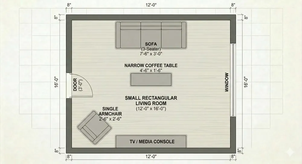 Top-down floor plan of a small living room with a sofa against the longest wall, a single armchair in the corner, and a TV mounted on the opposite wall