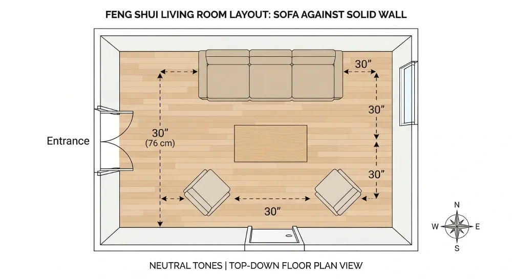 Top-down floor plan of a square living room with a sofa against the longest wall, two chairs opposite and a rectangular coffee table centered between them.