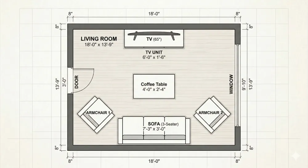 Top-down floor plan of a rectangular living room with a sofa centered across from a TV unit, two armchairs flanking the sofa, and a coffee table in between
