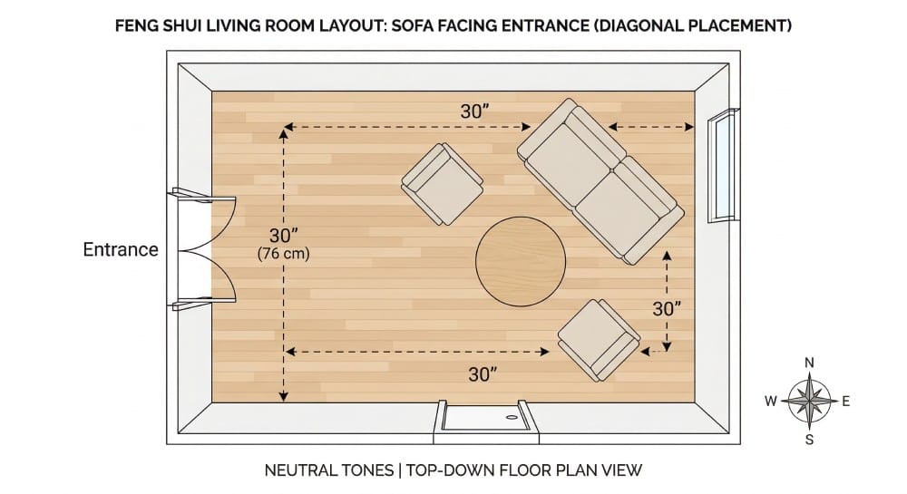 Top-down floor plan of a rectangular living room with a sofa placed diagonally facing the entrance, two accent chairs angled toward it and a round coffee table in the center.