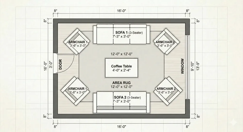 Top-down floor plan of a living room with two sofas facing each other across a central coffee table, one armchair at each end, all sitting on a shared area rug