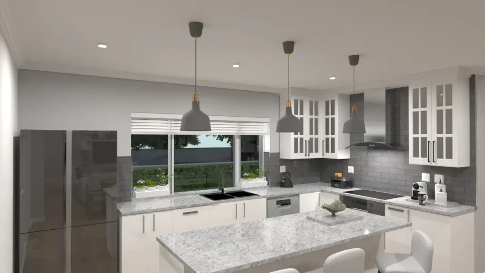 Cozinha planejada em L com bancada em granito