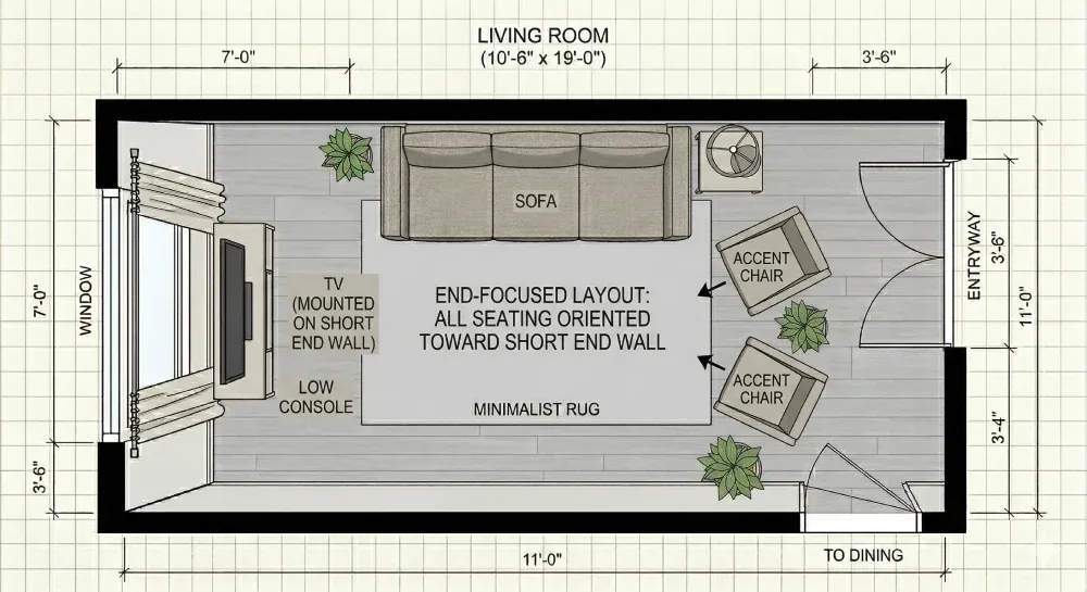 Floor plan of a narrow living room with a sofa and two angled chairs all facing a TV on the short end wall.