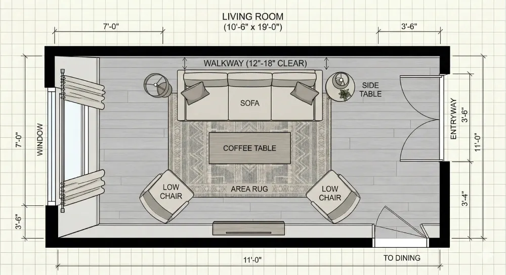Floor plan of a narrow living room with a sofa pulled away from the wall, leaving a walking path behind it, and a coffee table in front.