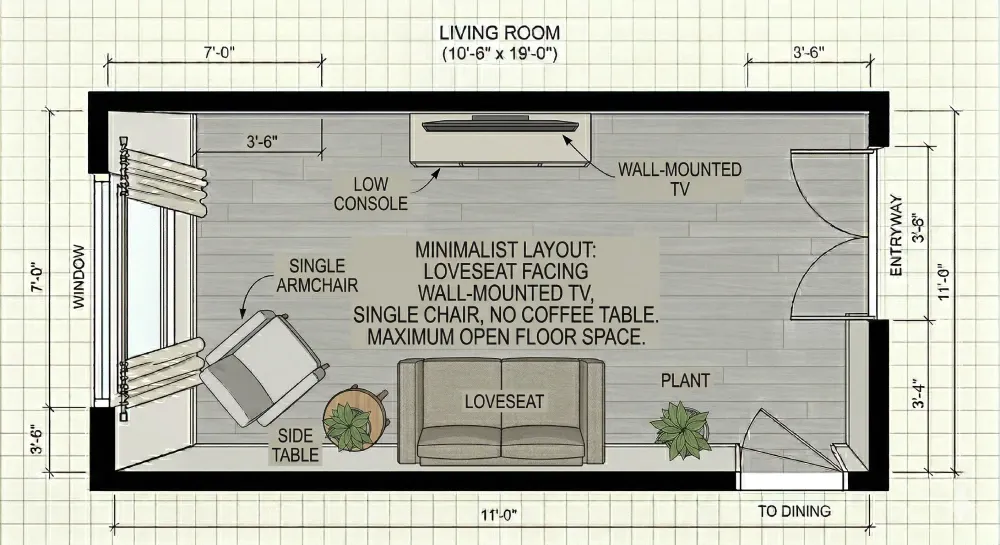 Floor plan of a very narrow living room with one loveseat, one chair and a wall-mounted TV, with most of the floor left open.