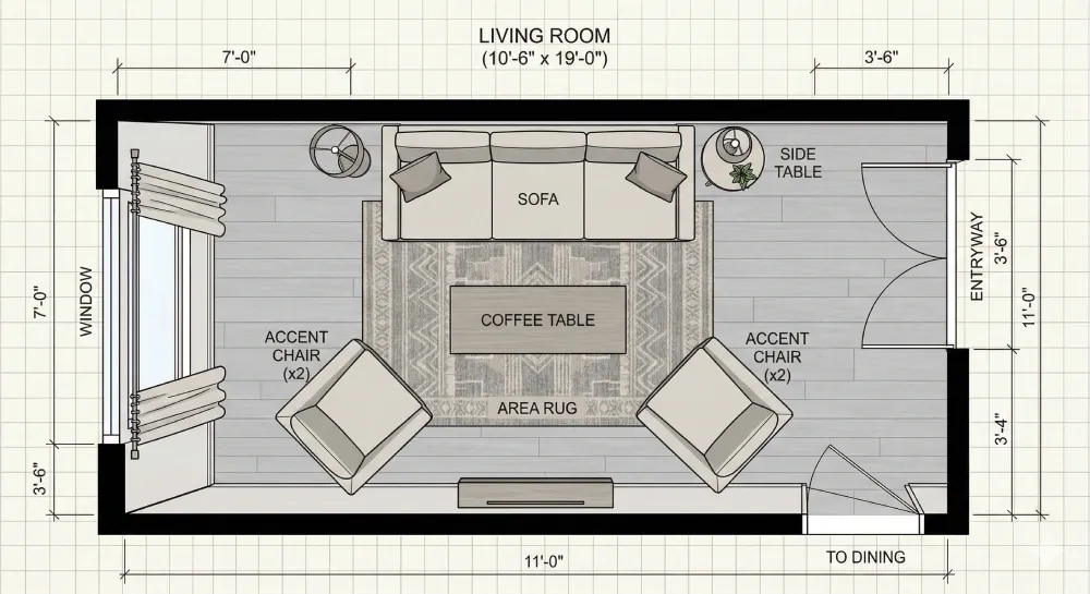 Floor plan of a narrow living room with a sofa against one long wall, two chairs opposite, and a coffee table between them.